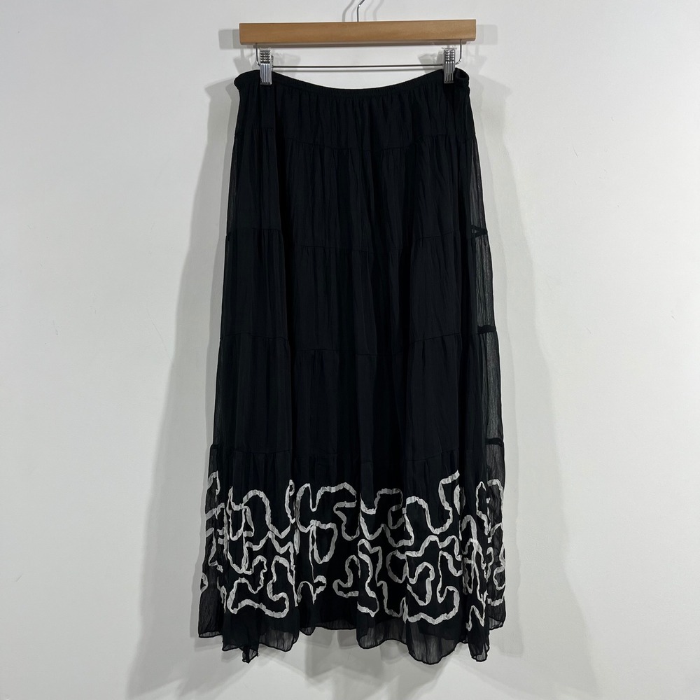 Rafael VTG 90s Fairy Grunge Black Tiered Maxi Skirt Embroidery Boho Womens Large